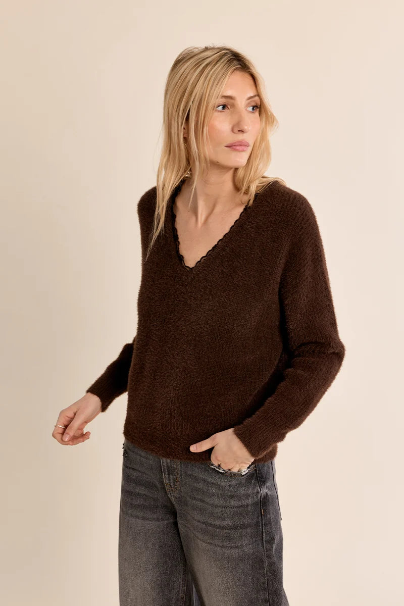 Sasha Brown V neck Sweater w/ Lace Trim