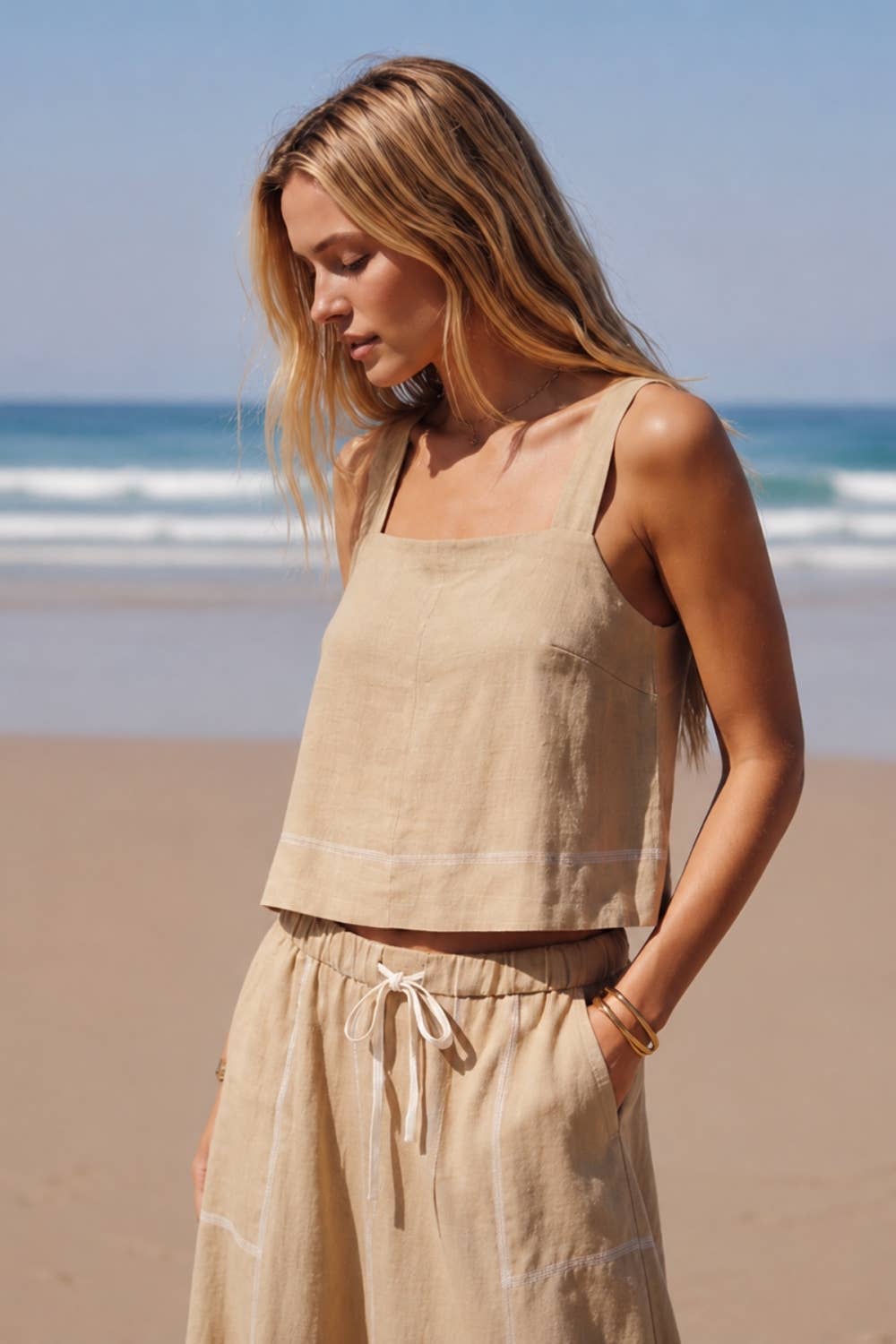 Georgia Linen Stitch Crop Top/Beige