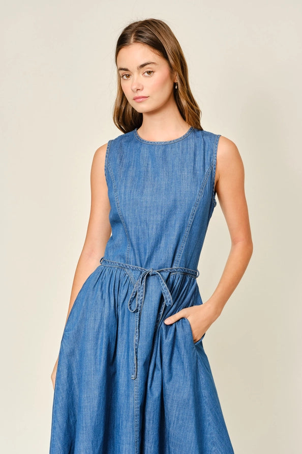Brenna Paneled Denim Midi Dress w/Belt