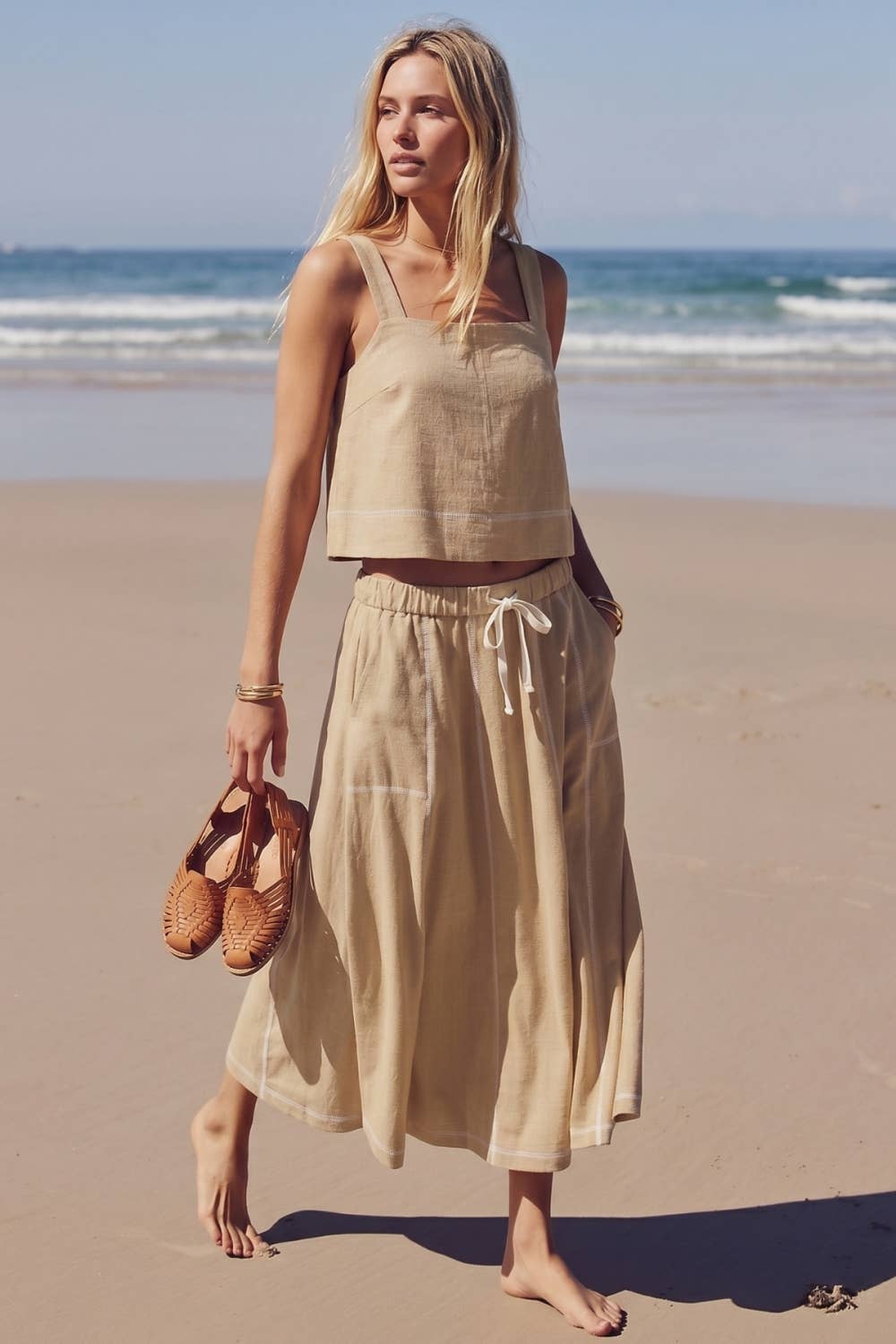 Georgia Linen Stitch Crop Top/Beige