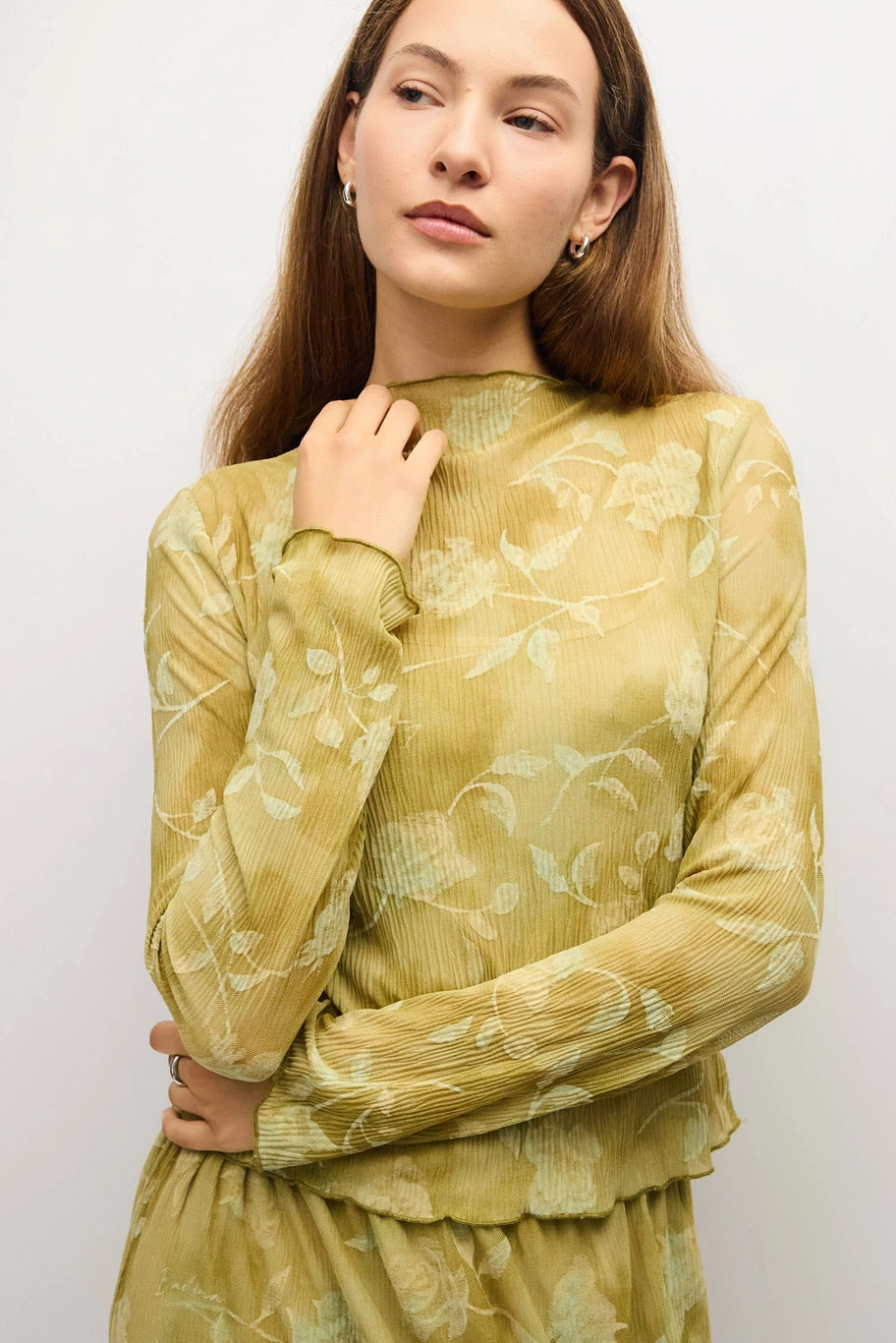 Zoe Sheer Long Sleeve Mock Neck Top/Chartreuse