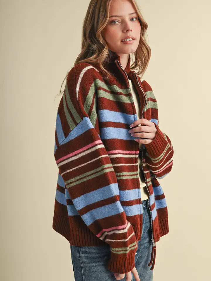 Ryan Striped Mock Neck Zip Cardigan
