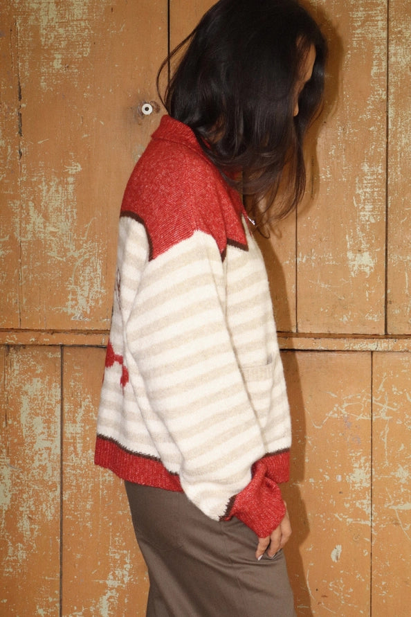 Ruby Stripe Zip Knit Rodeo Graphic Sweater