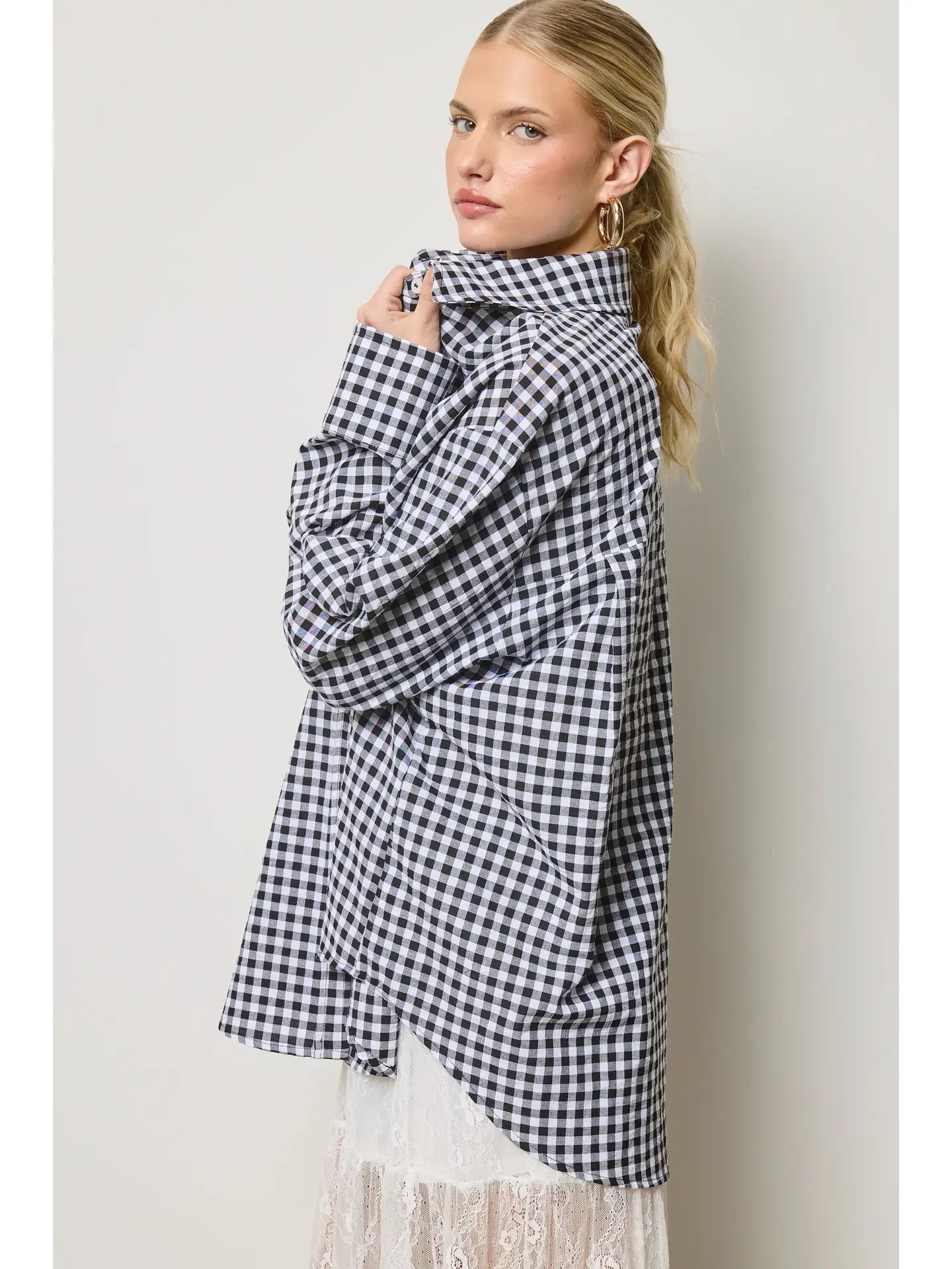 Oversized Gingham Button Down Top