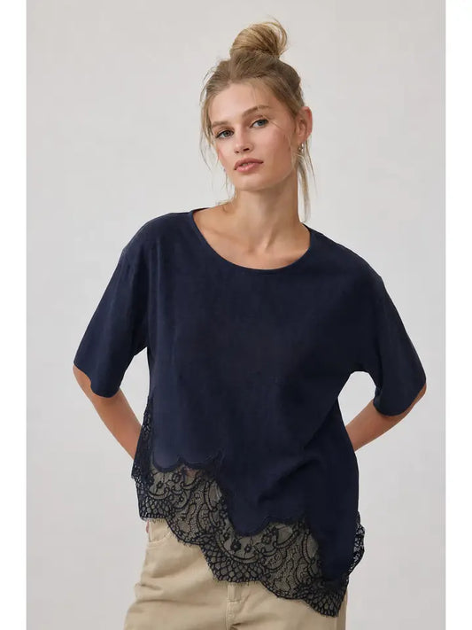 Lyra Slub Knit Lace Hem Top/Navy