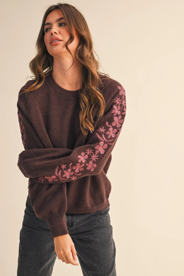 Anne Marie Floral Embroidery Pullover Sweater/Brown