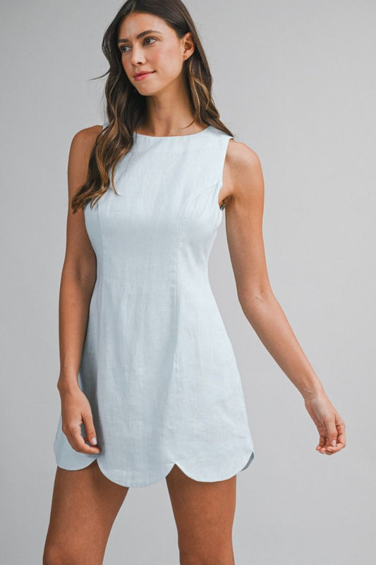 Mia Linen Scallop Mini Dress/Pale Blue