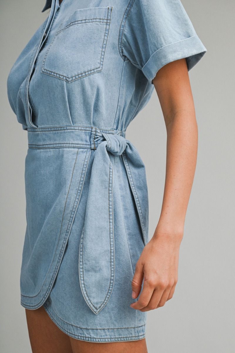 Layla Denim Short Sleeve Collar Wrap-Style Dress