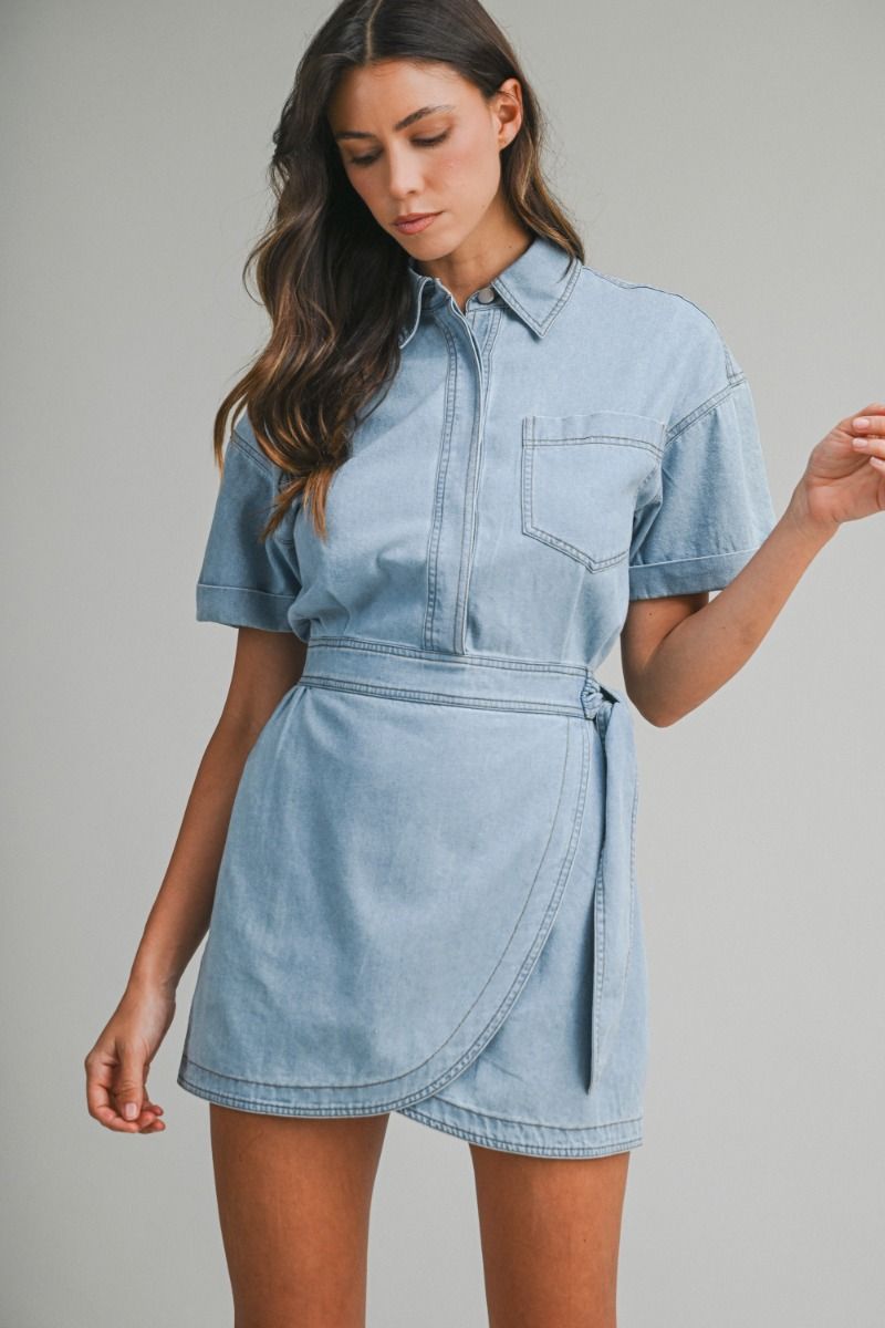 Layla Denim Short Sleeve Collar Wrap-Style Dress