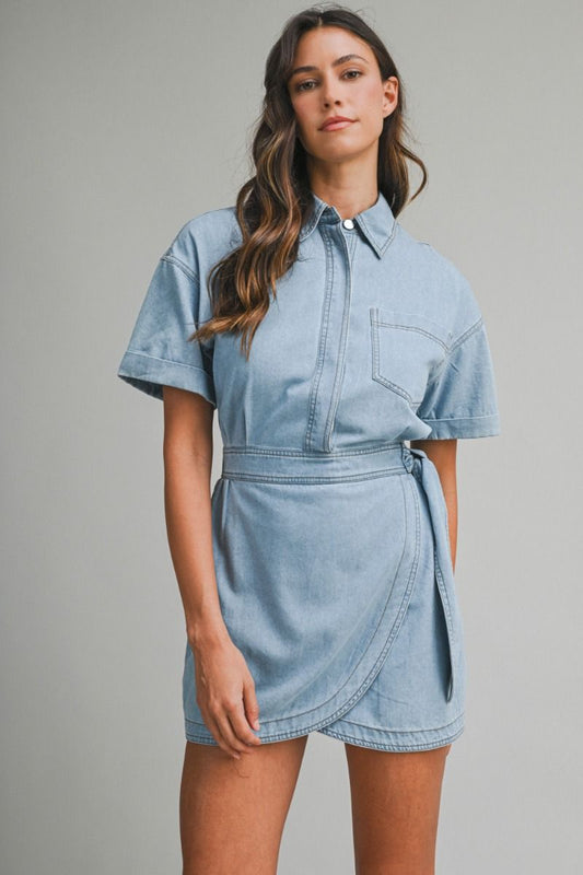 Layla Denim Short Sleeve Collar Wrap-Style Dress
