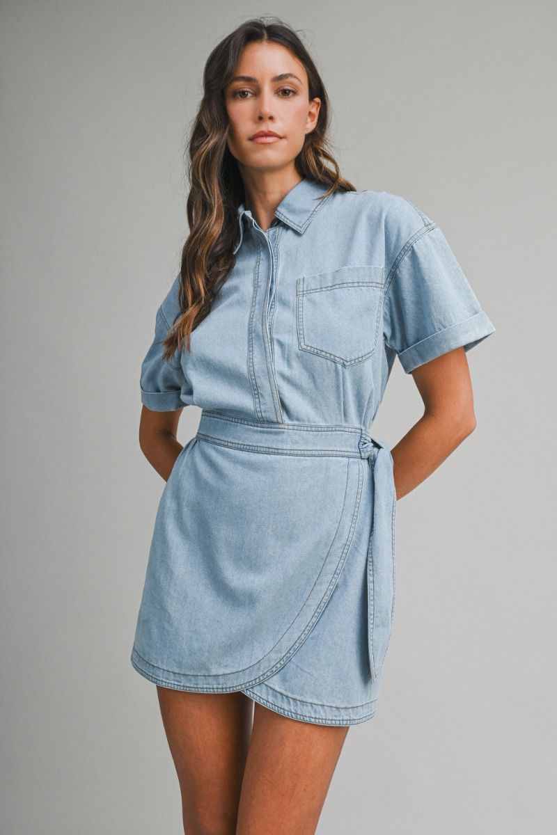 Layla Denim Short Sleeve Collar Wrap-Style Dress