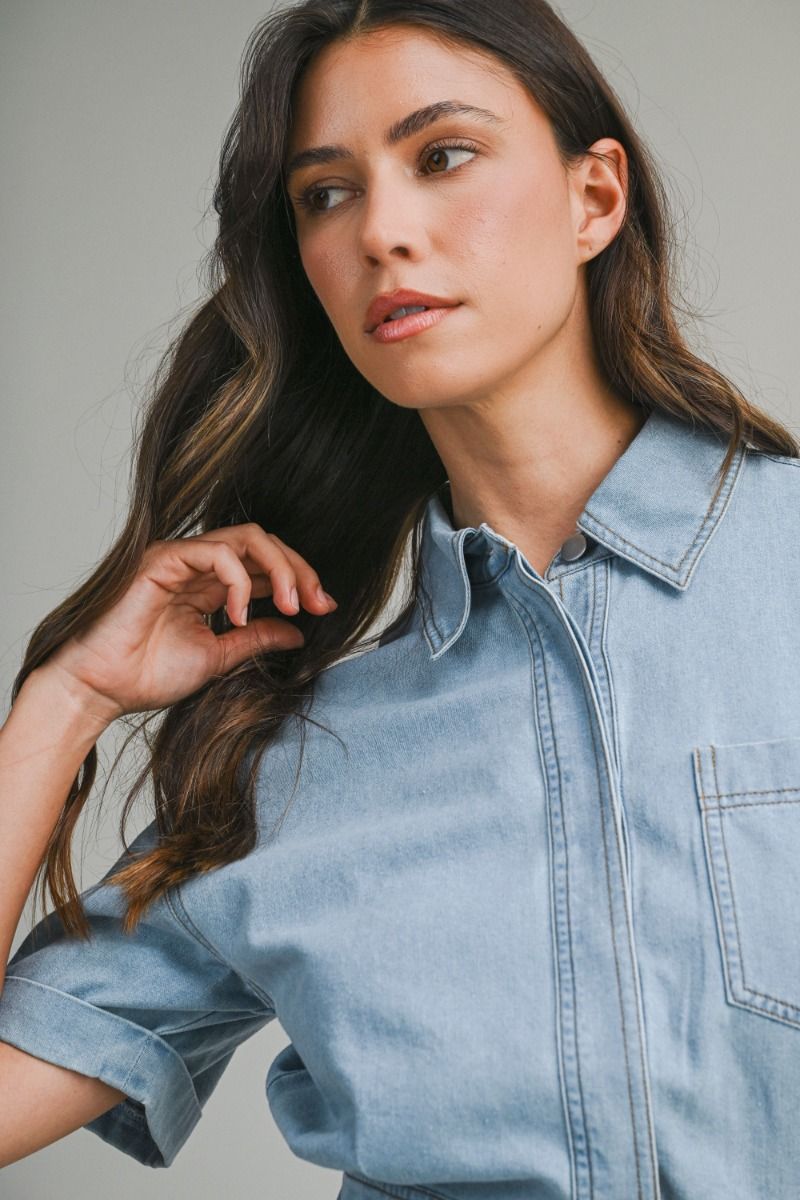 Layla Denim Short Sleeve Collar Wrap-Style Dress