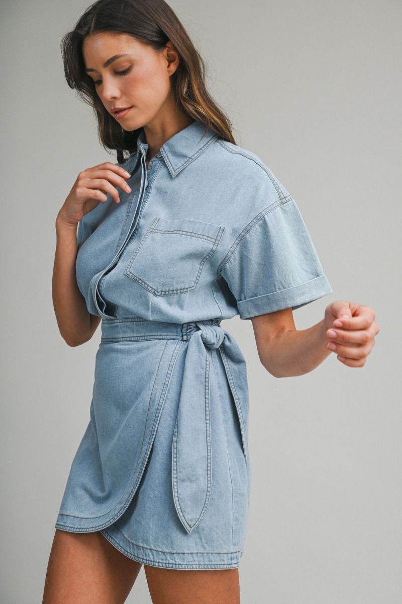 Layla Denim Short Sleeve Collar Wrap-Style Dress