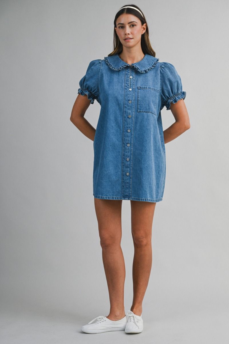 Ruthie Denim Collar Puff Sleeve Mini Dress