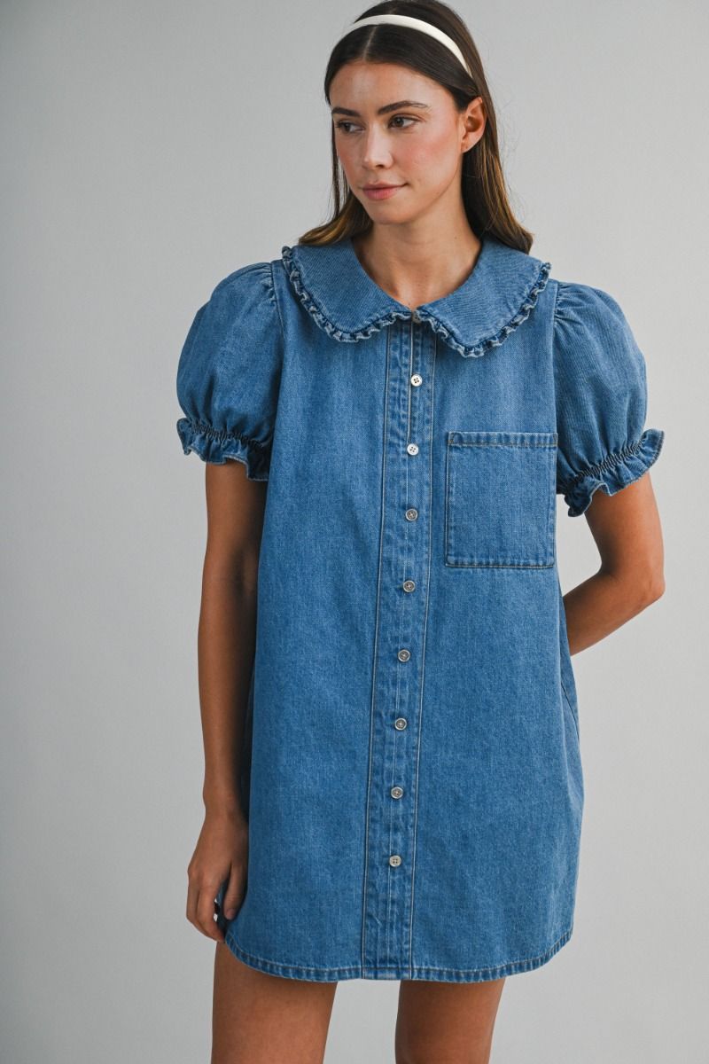 Ruthie Denim Collar Puff Sleeve Mini Dress