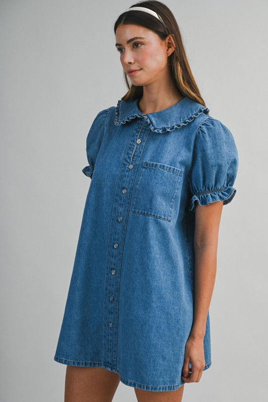 Ruthie Denim Collar Puff Sleeve Mini Dress