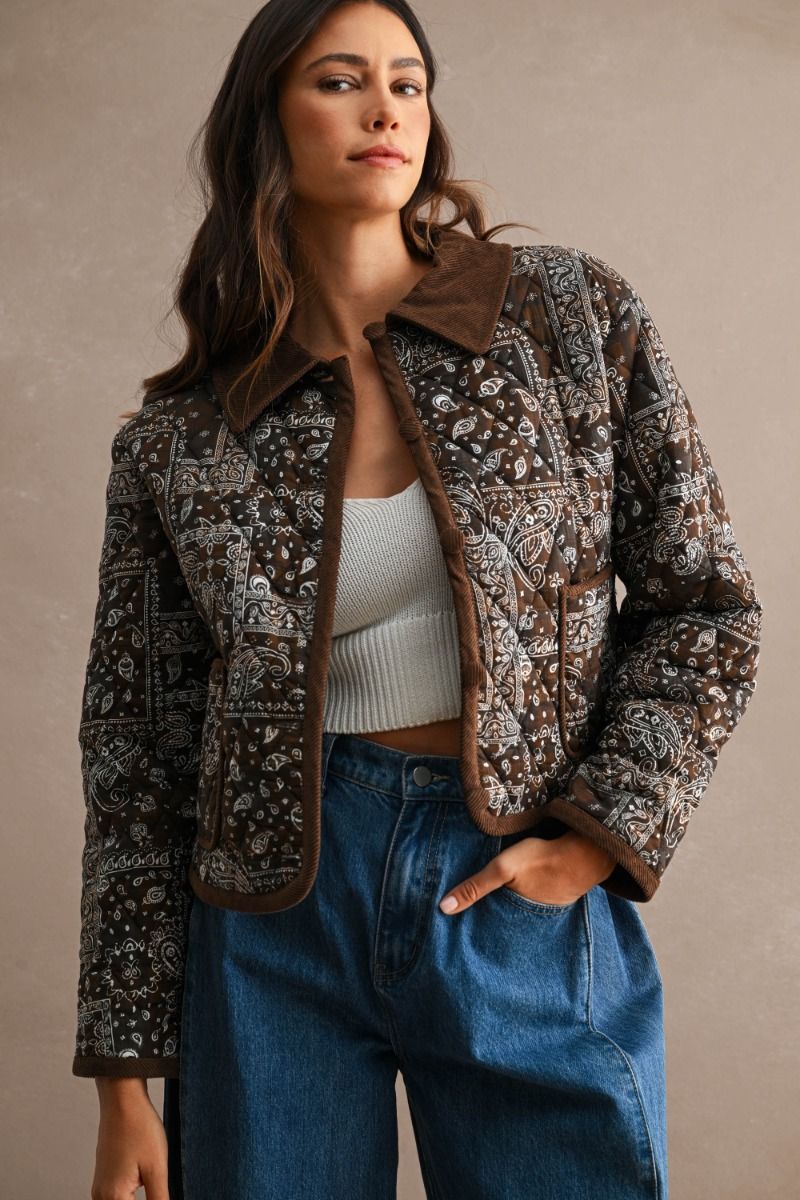Harlow Bandana Print Quilted Bomber Jacket/Brown