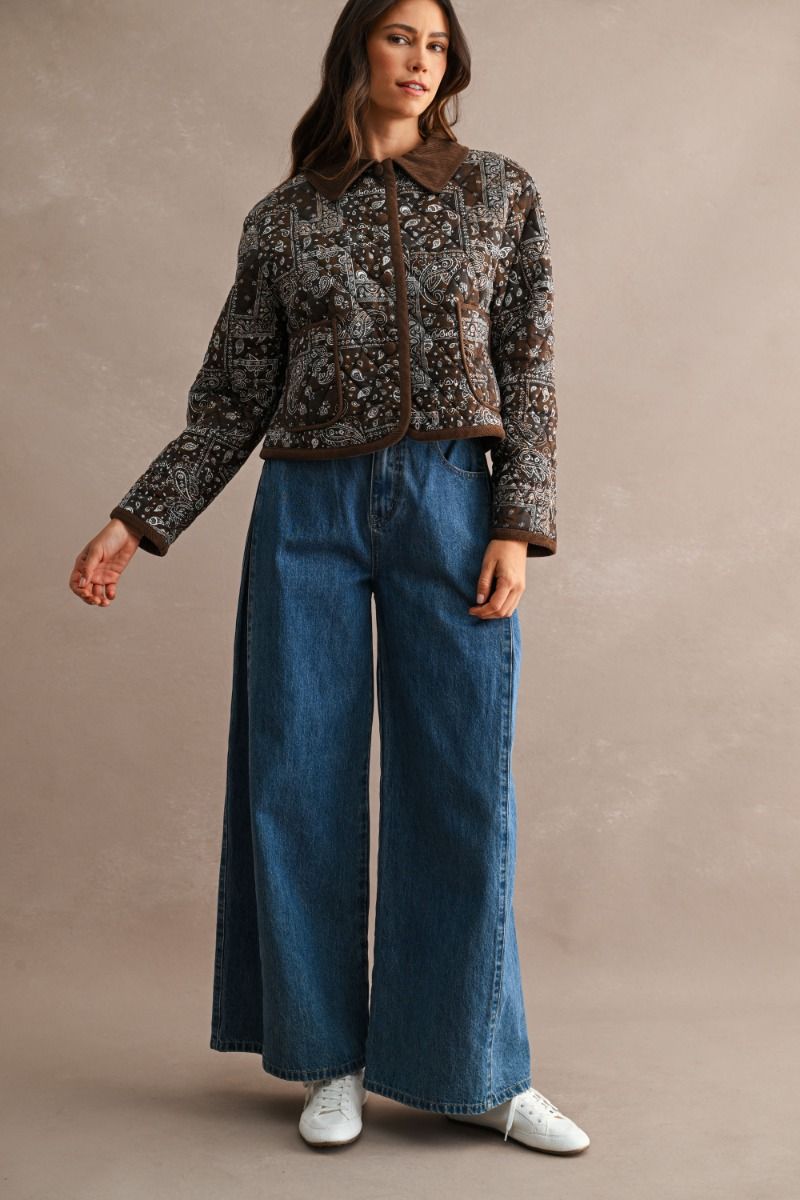 Harlow Bandana Print Quilted Bomber Jacket/Brown