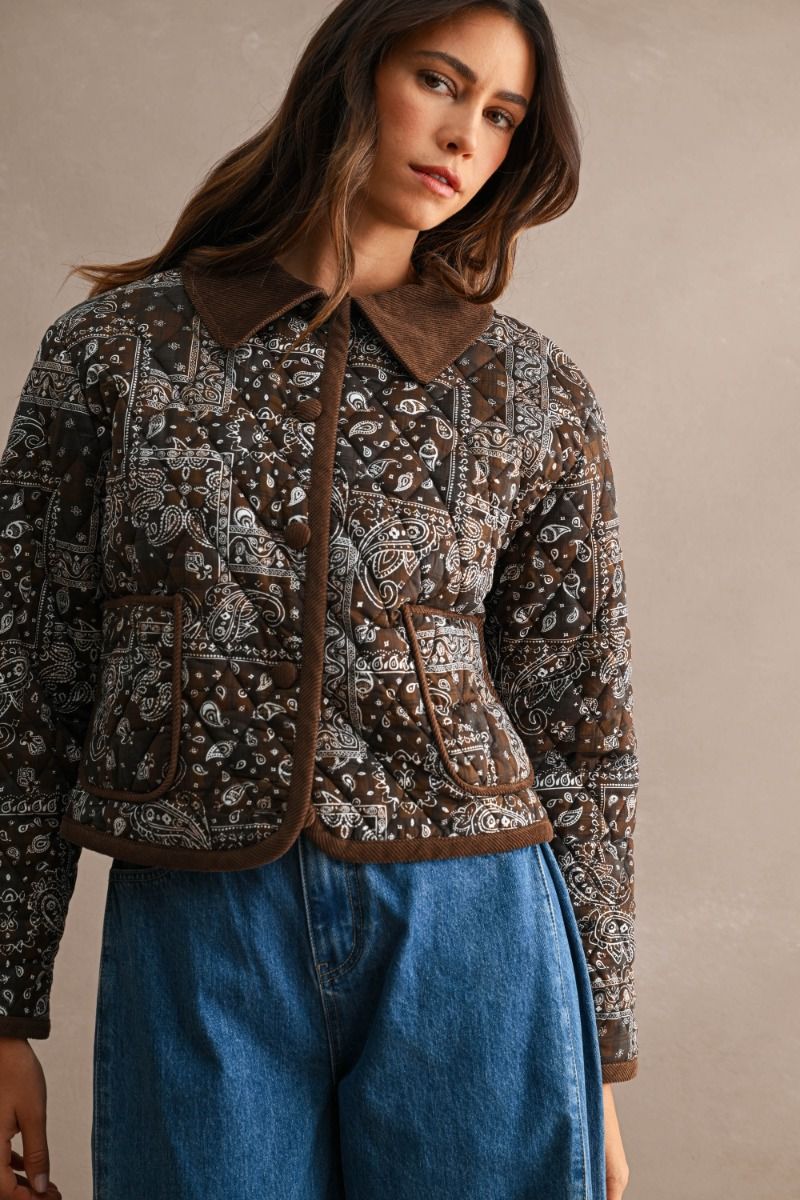 Harlow Bandana Print Quilted Bomber Jacket/Brown