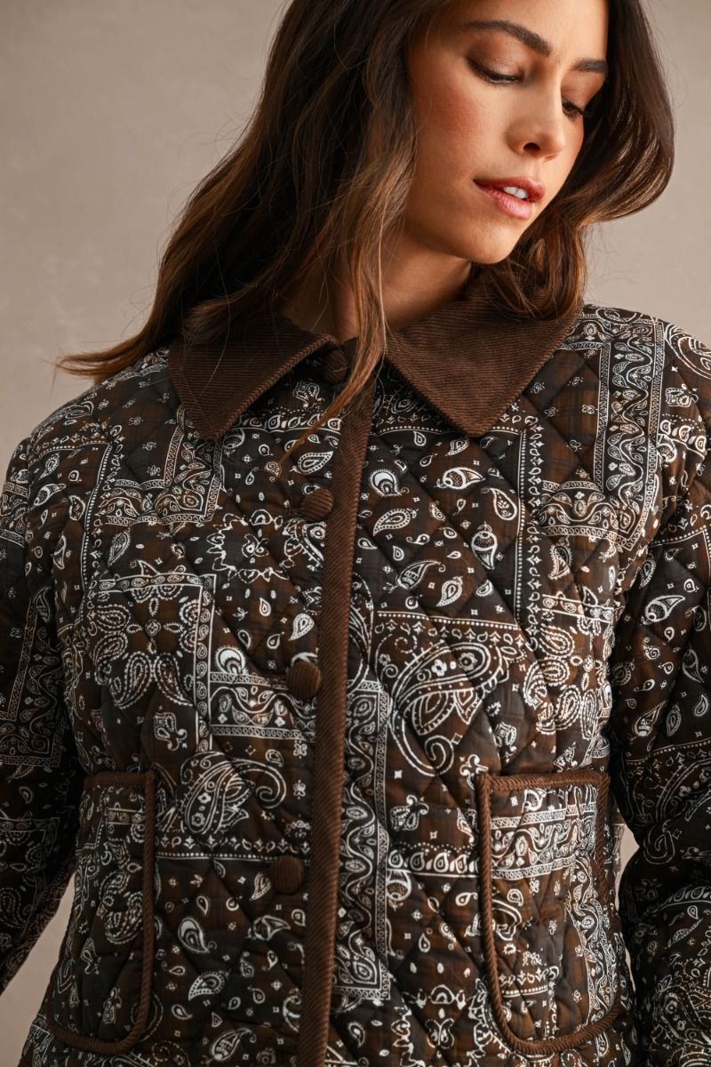 Harlow Bandana Print Quilted Bomber Jacket/Brown