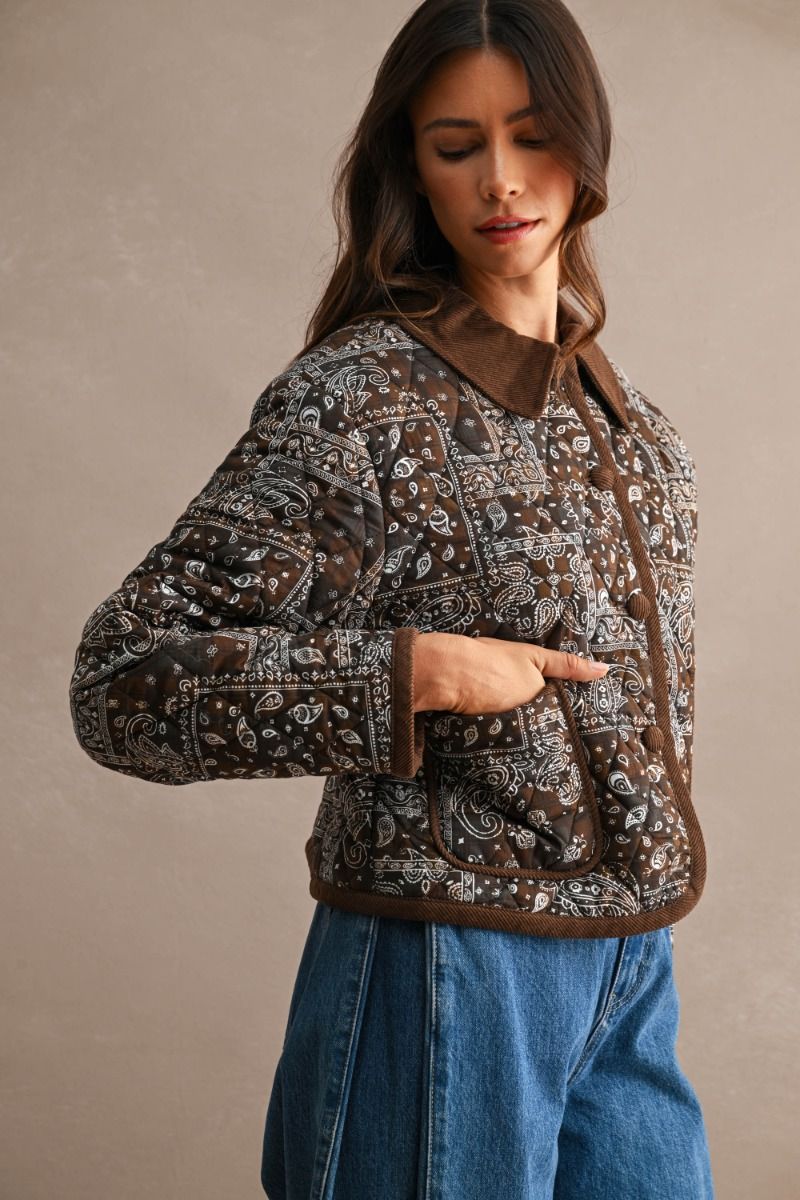Harlow Bandana Print Quilted Bomber Jacket/Brown