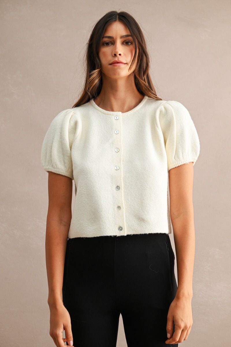 Nicole Puff Short Sleeve Sweater Top/Ivory