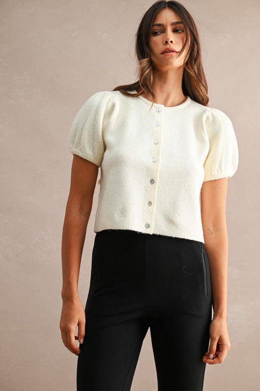 Nicole Puff Short Sleeve Sweater Top/Ivory