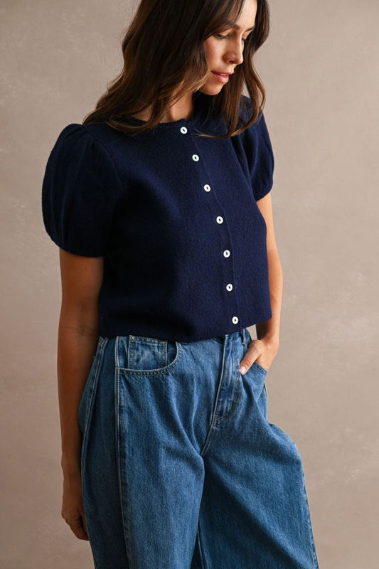 Nicole Puff Short Sleeve Sweater Top/Navy