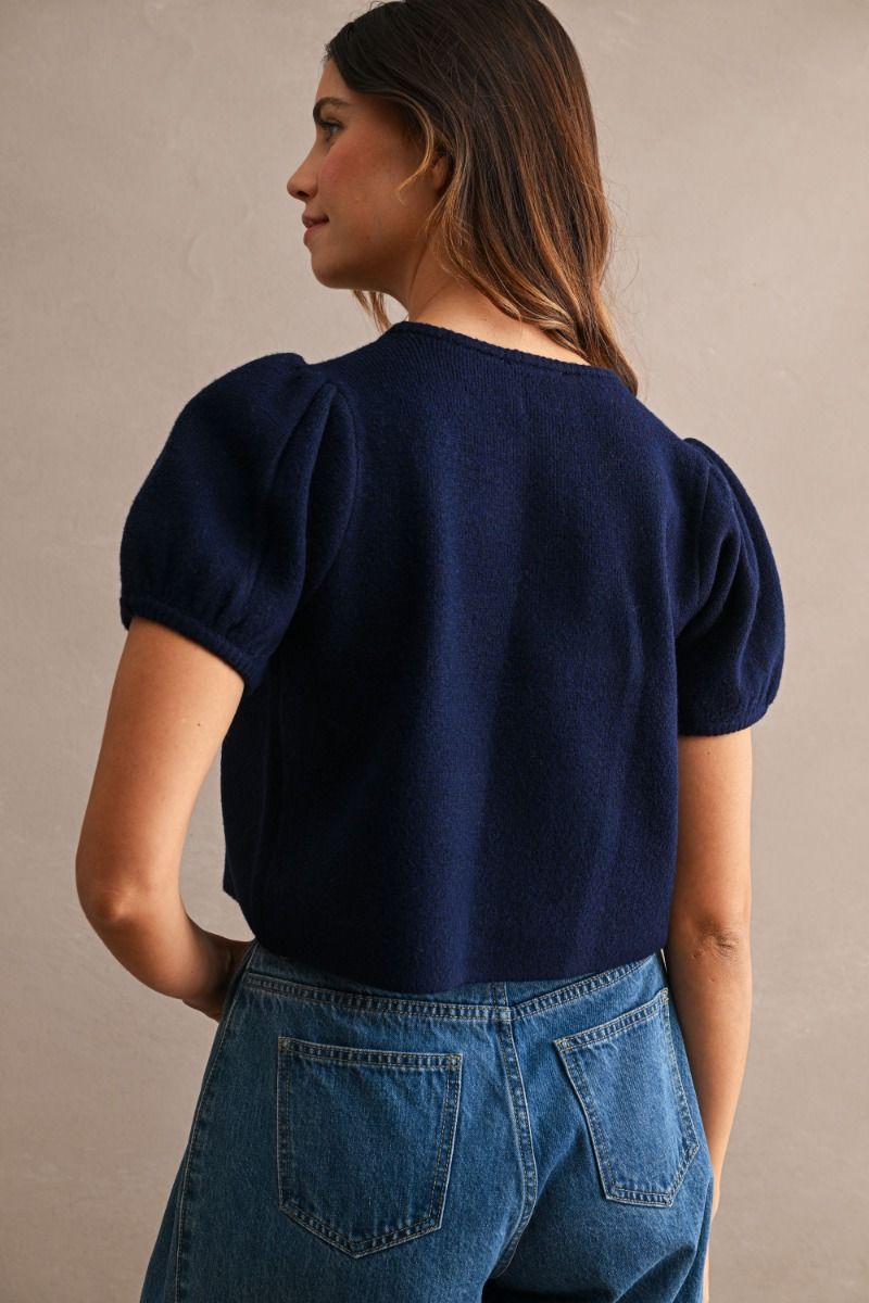 Nicole Puff Short Sleeve Sweater Top/Navy