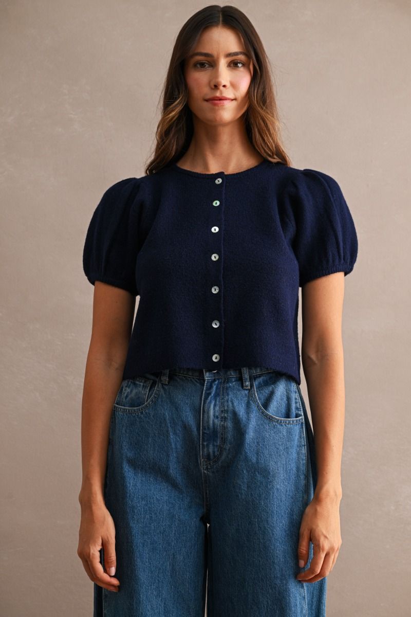 Nicole Puff Short Sleeve Sweater Top/Navy