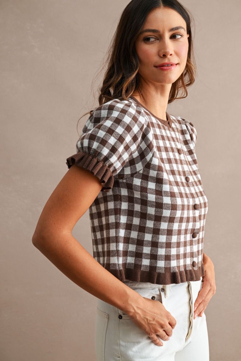 Jane Brown Gingham Knit Short Sleeve Cardigan
