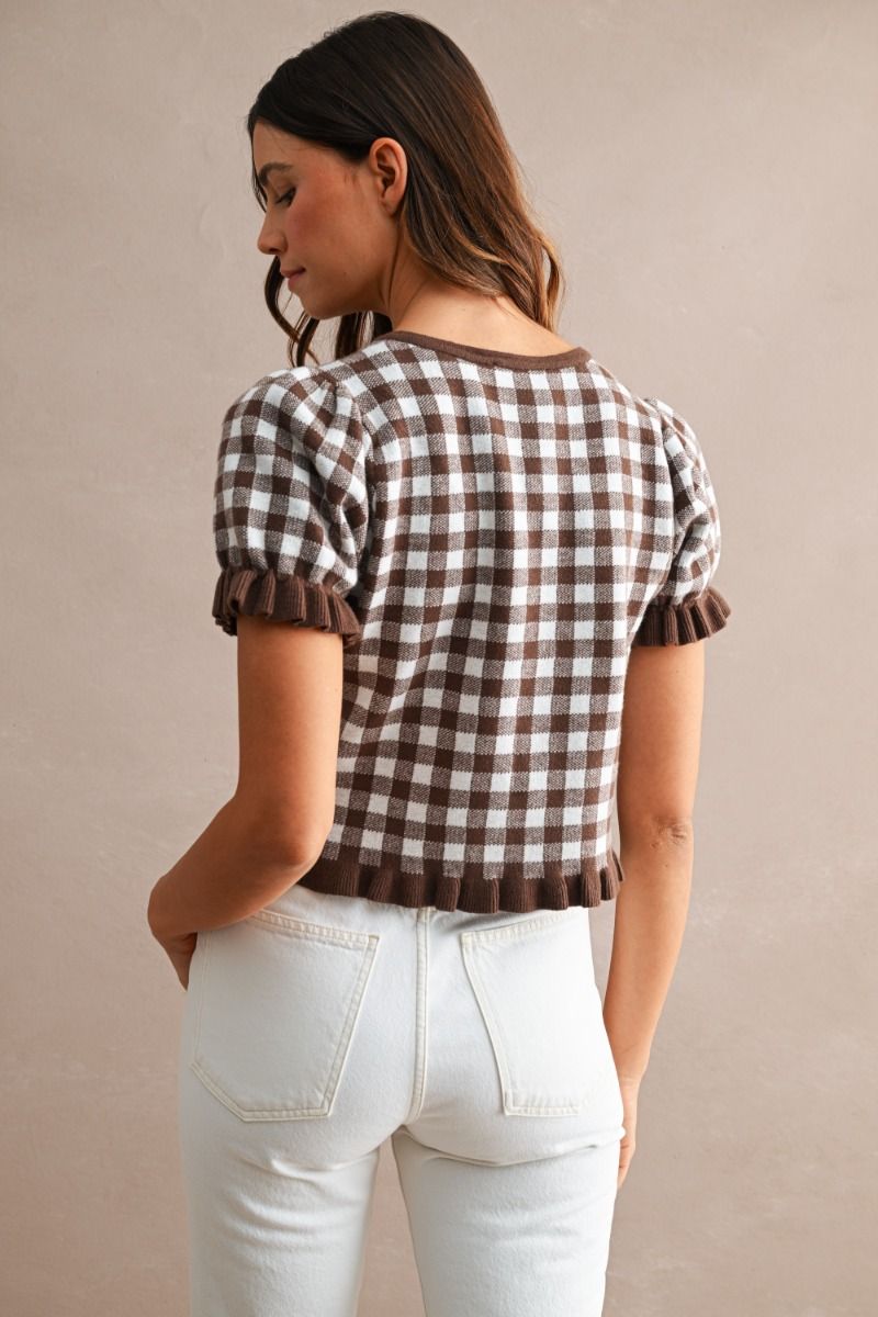 Jane Brown Gingham Knit Short Sleeve Cardigan