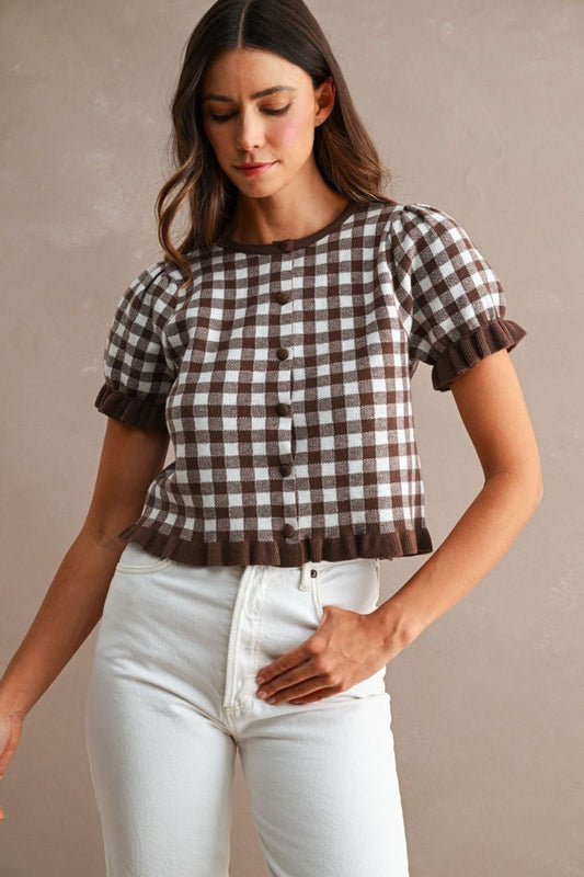 Jane Brown Gingham Knit Short Sleeve Cardigan