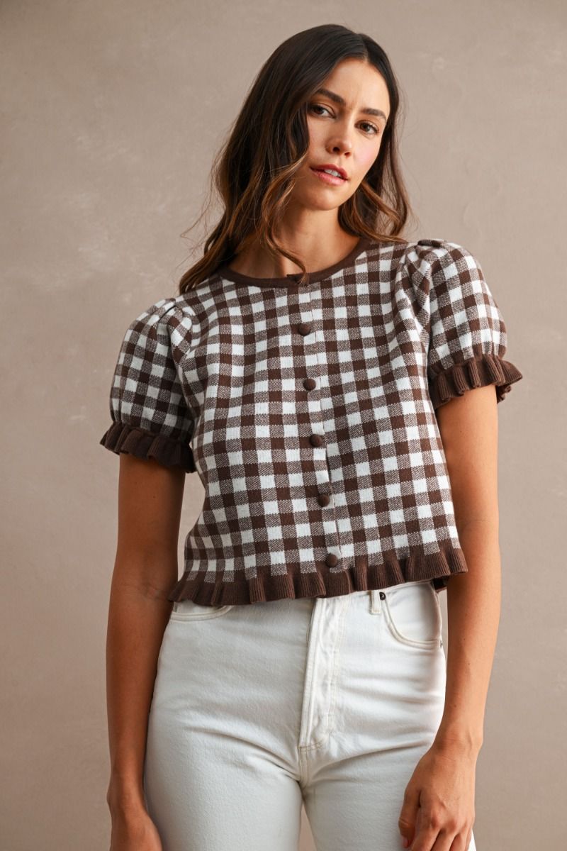 Jane Brown Gingham Knit Short Sleeve Cardigan