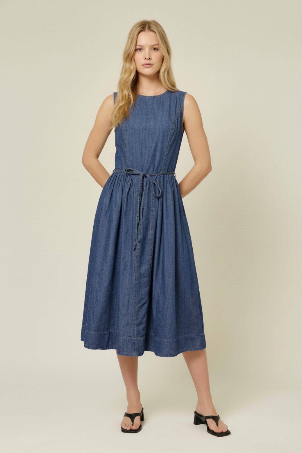 Brenna Paneled Denim Midi Dress w/Belt