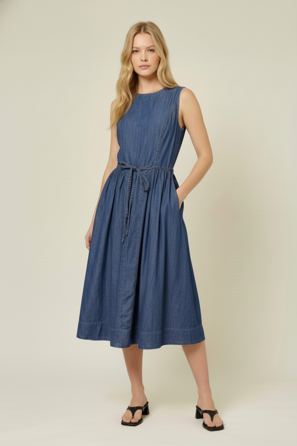 Brenna Paneled Denim Midi Dress w/Belt