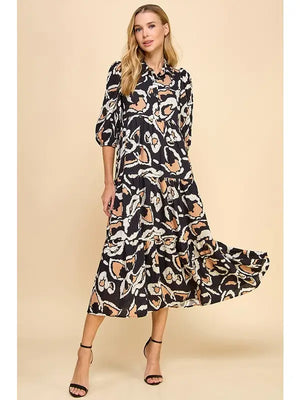 Abstract Button-Down Midi Dress