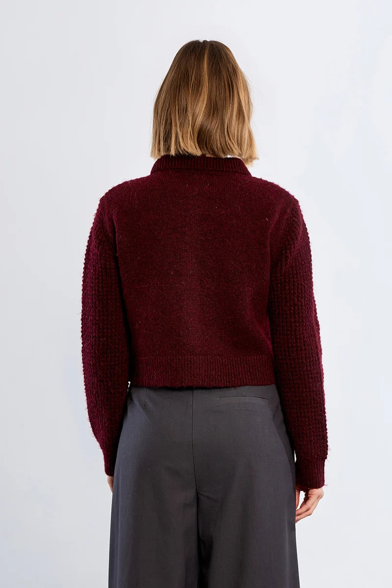 Wrenna Collar Button Cardigan/Dark Red
