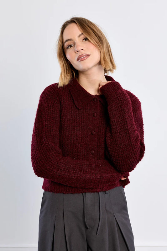 Wrenna Collar Button Cardigan/Dark Red