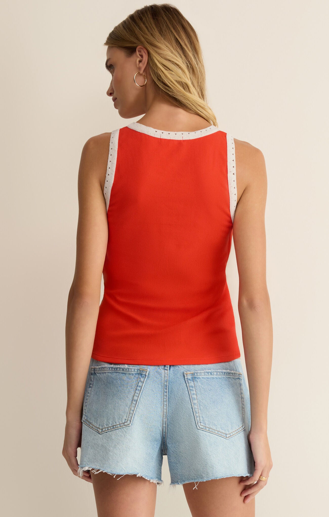 Clarke Rib Tank Crochet Neckline/Red