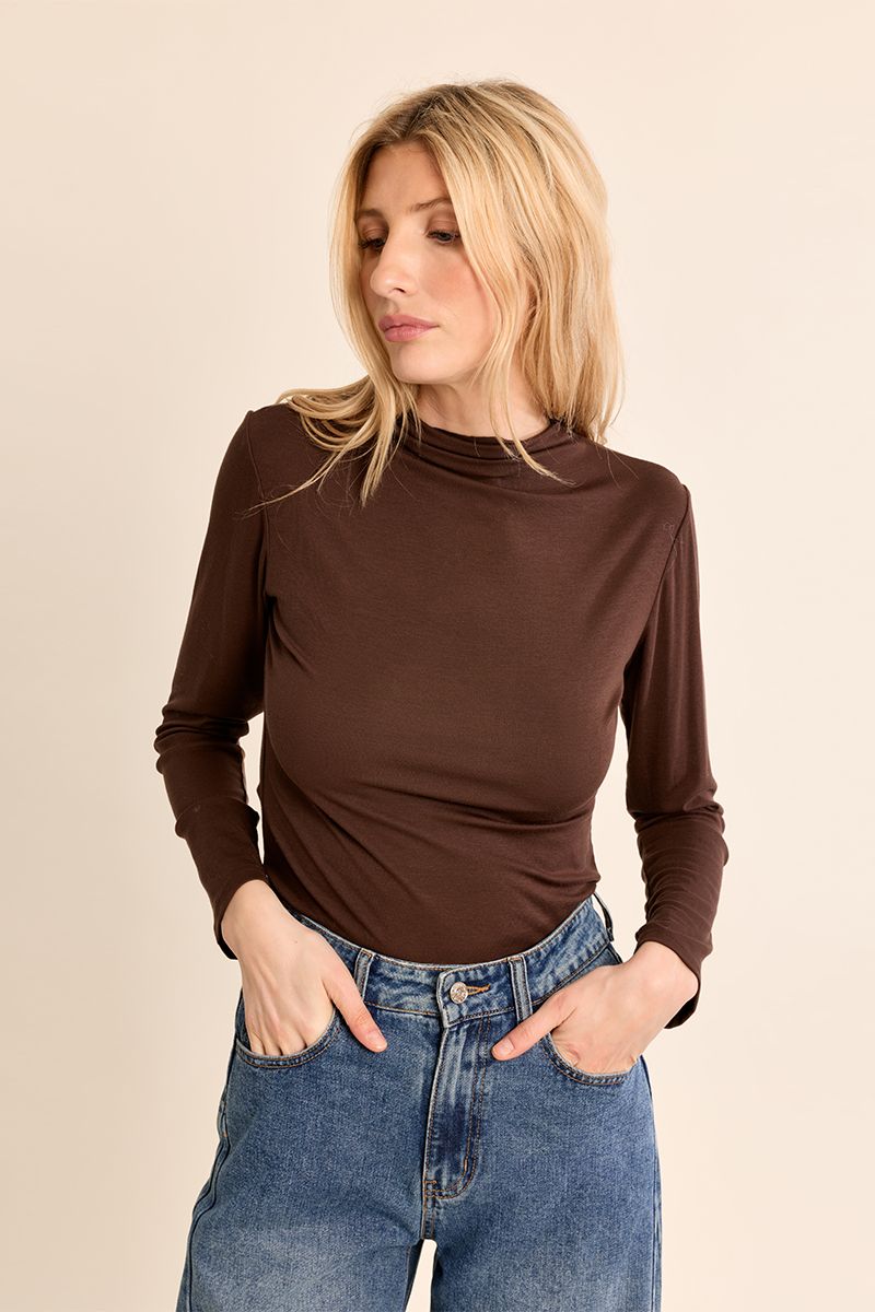 Abbey Mock Neck Long Sleeve Top/Brown