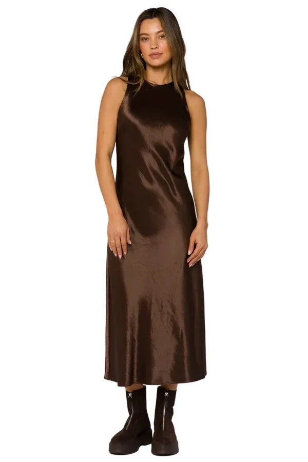 Thea Brown Satin Sleeveless Dress